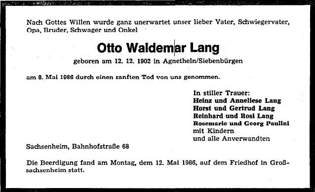 Lang Otto Waldemar 1902-1986 Todesanzeige